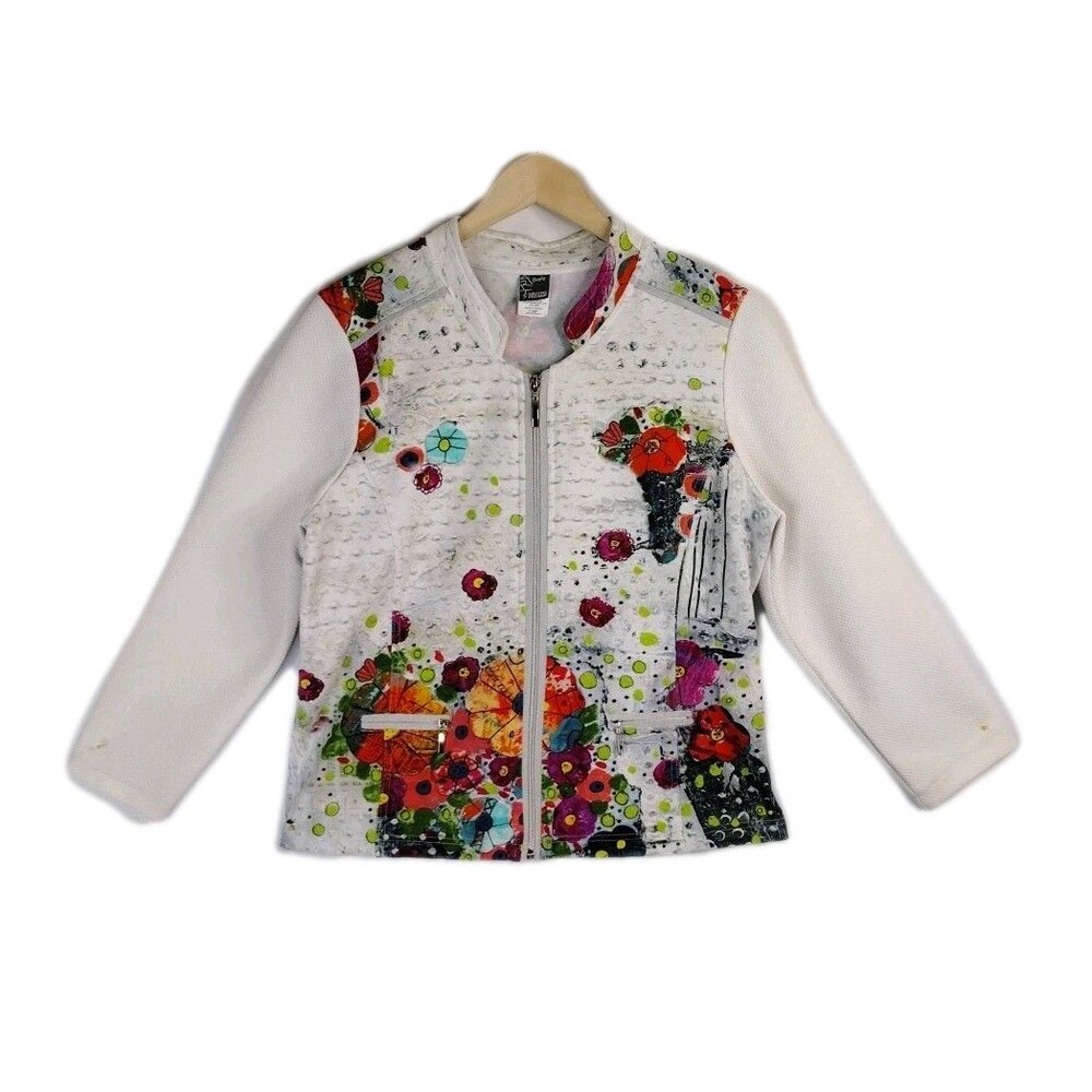 Simply Art by Docezza Womans L White Multicolor Abstract Floral Full Zip Jacket